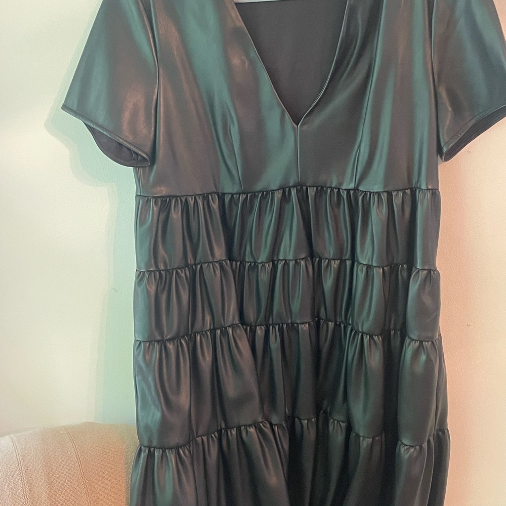 Staud Black Faux Leather Tiered Dress